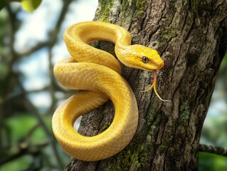 Detailed Albino Snake in Yellow Coloration Resting on Tree Bark in Natural Habitat