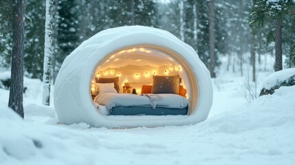 A cozy igloo-style bed, nestled in a snowy forest, illuminated by warm lights, offering a serene winter retreat.