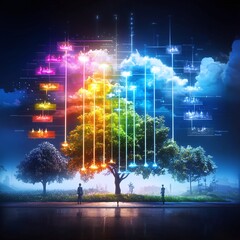 Fototapeta premium Digital Rainbow Tree with Silhouettes.