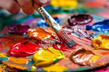 Fototapeta premium An artist passionately blends vibrant colors on a palette embodying the essence of creativity in action generative AI