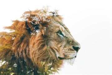 Double Exposure Lion in Savannah Landscape