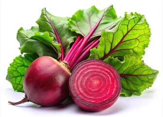 Beetroot portrait: cross-section, leaves, isolated against white background.