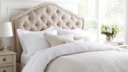 Fototapeta premium Elegant Upholstered Bed Headboard with White Bedding