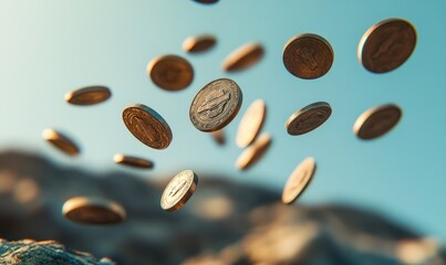 Obraz premium Flying coins, symbolizing financial growth and success, set against a dynamic background with a clear sky.