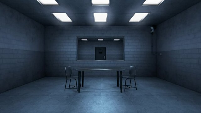 Empty interrogation room. Lights turning on at investigation room with surveillance camera recording. 3d render. Seamless loop.