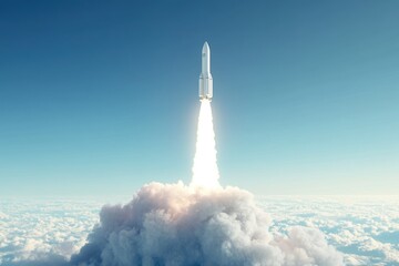 Rocket launch on a blue background. Concept of ascent, progress, or rapid movement. Space for text.