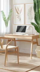 minimalist Scandinavian home office with light wood furniture and natural decor creates serene and productive atmosphere. space is enhanced by greenery and soft lighting