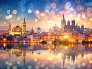 Naklejka premium Bokeh art: Madrid, Barcelona, Lisbon, Porto skylines, a travel dream.