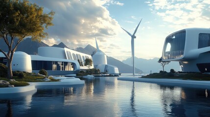 Renewable energy innovation hub, futuristic landscape, 3D illustration 