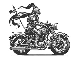 medieval knight in full armor riding a motorcycle, historical and modern themes in a retro style sketch engraving generative ai raster illustration. Scratch board imitation. Black and white image.