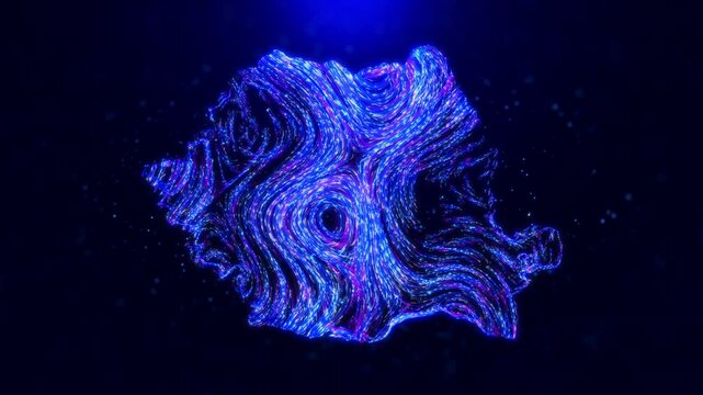 Abstract motion view Romania map design, featuring glowing blue hairlines, dynamic flowing patterns, and scattered bokeh dot particles, creating a tech-inspired and modern digital aesthetic