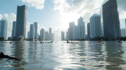 Fototapeta premium Climate Change Crisis: City Skyline Submerged in Floodwaters with Emergency Responders in Action, Illustrating the Consequences of Rising Sea Levels