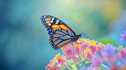 Vibrant monarch butterfly perched delicately on colorful lantana flowers, wings spread against a soft, dreamy turquoise background. Nature's beauty in macro.