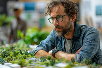 An architect reflects on a miniature landscape model while working in a design studio, surrounded by greenery and project materials. The atmosphere is focused and creative, ideal for collaboration