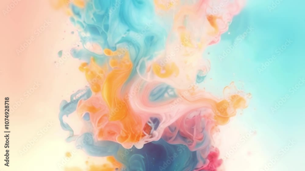 Poster animation of organic shapes as flowing streams of multicolored liquid. bright orange, pink and blue 