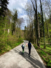 Obraz premium Family enjoying a peaceful walk through a serene forest path