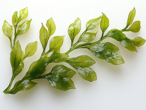 composition highlights Halophila ovalis seagrass its small oval shaped light green leaves connected thin translucent stems white background emphasizing its delicate nature.