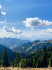 Scenic mountain landscape with blue skies and fluffy clouds. Carpathian mountains, Ukraine.
