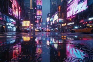 Naklejka premium Neon Cityscape: A captivating view of a bustling city street at night, illuminated by vibrant neon signs reflected in puddles of rain. The urban landscape evokes a sense of energy, mystery.