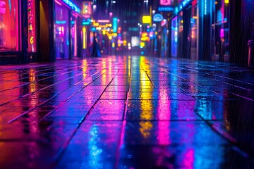 Neon Nightscape: A mesmerizing glimpse of a rain-soaked city street bathed in the vibrant glow of neon signs, reflecting in the glistening pavement.  The city pulses with energy.