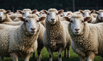 Naklejka premium A flock of sheep stand in a field, looking directly at the camera