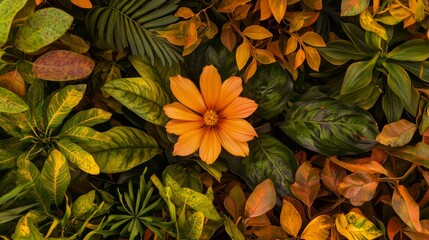 Fototapeta premium Resilience Blooms: Wilting Flower Amidst Thriving Plants - Climate Change Impact in Biodiversity.