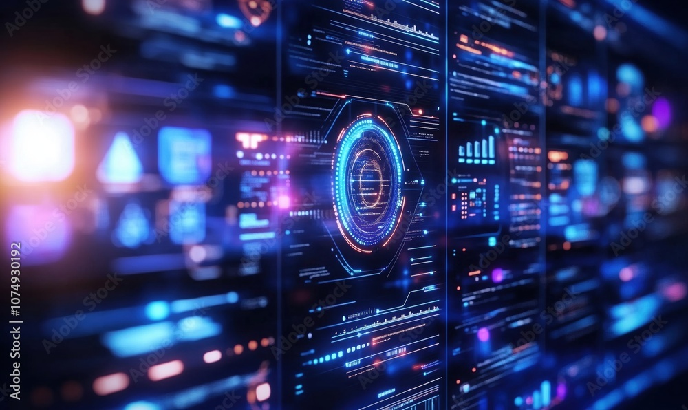 Poster futuristic digital interface with glowing data visualizations and graphs