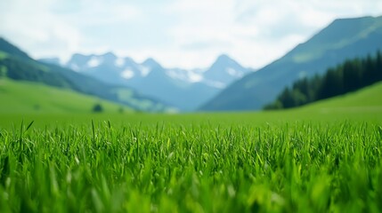 Fototapeta premium Green Grass Field With Mountains In Background.