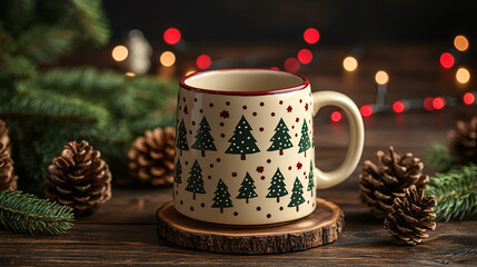 Fototapeta premium Cozy Christmas mug with tree pattern on a rustic wooden table