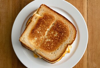 Overhead shot of a classic grilled cheese sandwich with golden, crispy edges and melted cheese oozing out, placed on a white plate against a wooden background. Ai generated image.
