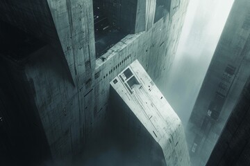 Concrete Labyrinth: A solitary figure navigates a sprawling, dystopian cityscape of imposing...