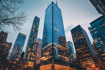 Chicago Skyline at Dusk: Majestic skyscrapers pierce the twilight sky, their glass facades reflecting the city's vibrant energy.