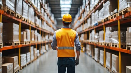 Warehouse Worker In Yellow Vest Standing In Aisle.