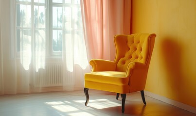 Yellow armchair in bright room with sunlight and curtains