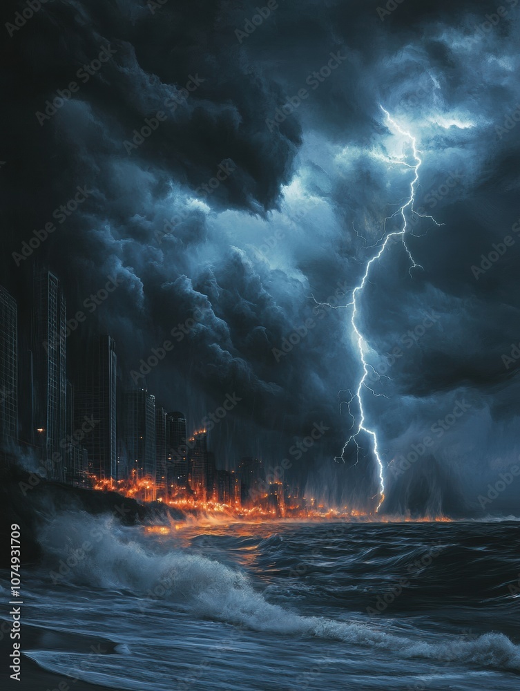 Poster dark clouds gather over the coastal city as a fierce storm approaches, with lightning illuminating t