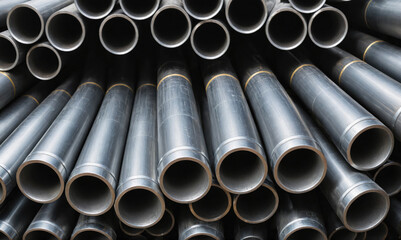 A close-up of a pile of metal pipes, showcasing their circular cross-section
