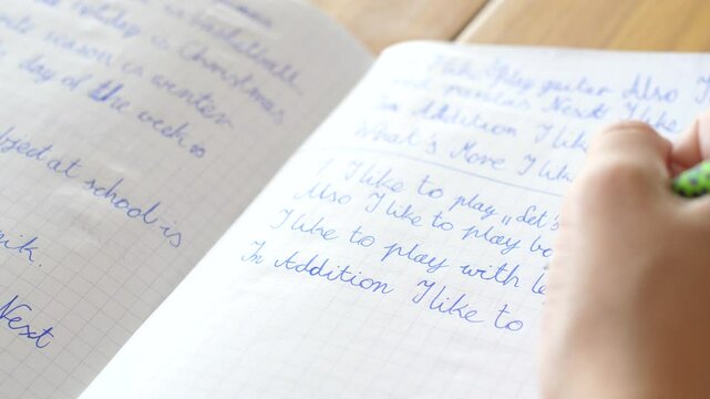 Close up of a young girls hand writing in a notebook, kid doing homework