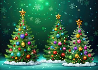 Festive Winter Scene with Decorative Christmas Trees and Snowflakes on Dark Green Background, Perfect for Holiday Designs and Celebrations
