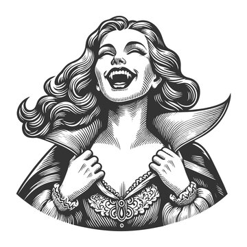recommend clip art: smiling female vampire with fangs and glamorous hairstyle, blending horror and retro elegance sketch engraving generative ai raster illustration. Scratch board imitation. Black and white image.