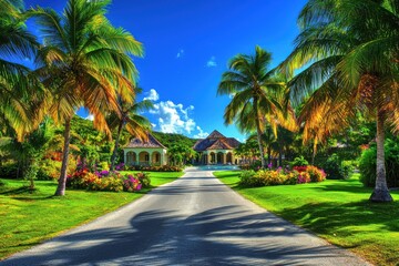 A scenic driveway lined with palm trees and vibrant flowers leading to a tropical villa.