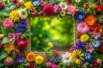 Delicate spring flowers and leaves, intricately detailed in a rectangular macro image.
