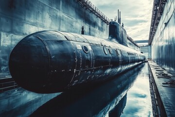 Submarine docked in dry dock, industrial setting, reflective water surface