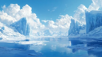 Fototapeta premium A vast, open scene of a frozen lake dotted with monumental ice formations, illustrating the serene and spectacular frozen landscape stretching to the horizon.