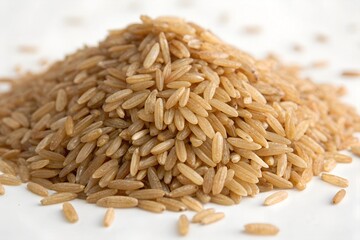 Obraz premium A pile of brown rice sits on a white background.