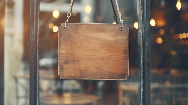 Blank vintage wooden sign board hanging on glass door in modern cafe restaurant advertisement marketing and small business owner concept