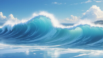Majestic ocean wave rolling towards the shore under a sunny sky, with vibrant shades of blue and a distant coastline.