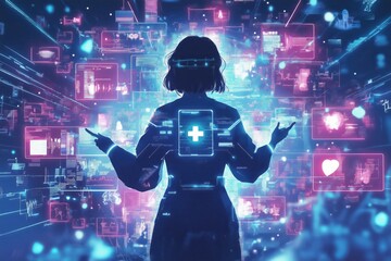 Digital healthcare innovation, woman interacting with holographic medical data