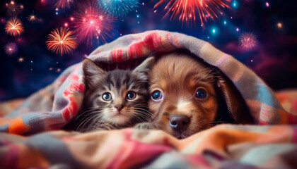 A frightened cat and dog huddling together under blankets, both scared of the fireworks