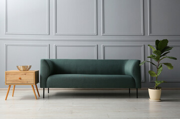 Stylish sofa, green plant and bowl on side table near grey wall