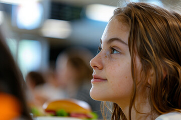 Young teen Enjoying Lunch in School or College Cafeteria Setting with Salad Bowls and Warm Lighting, Generative Ai